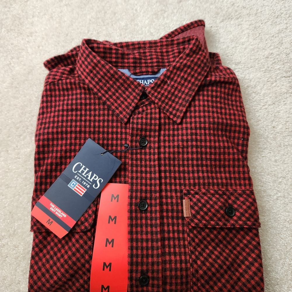 Chaps Men's Red and Black Checkered Shirt, Medium
